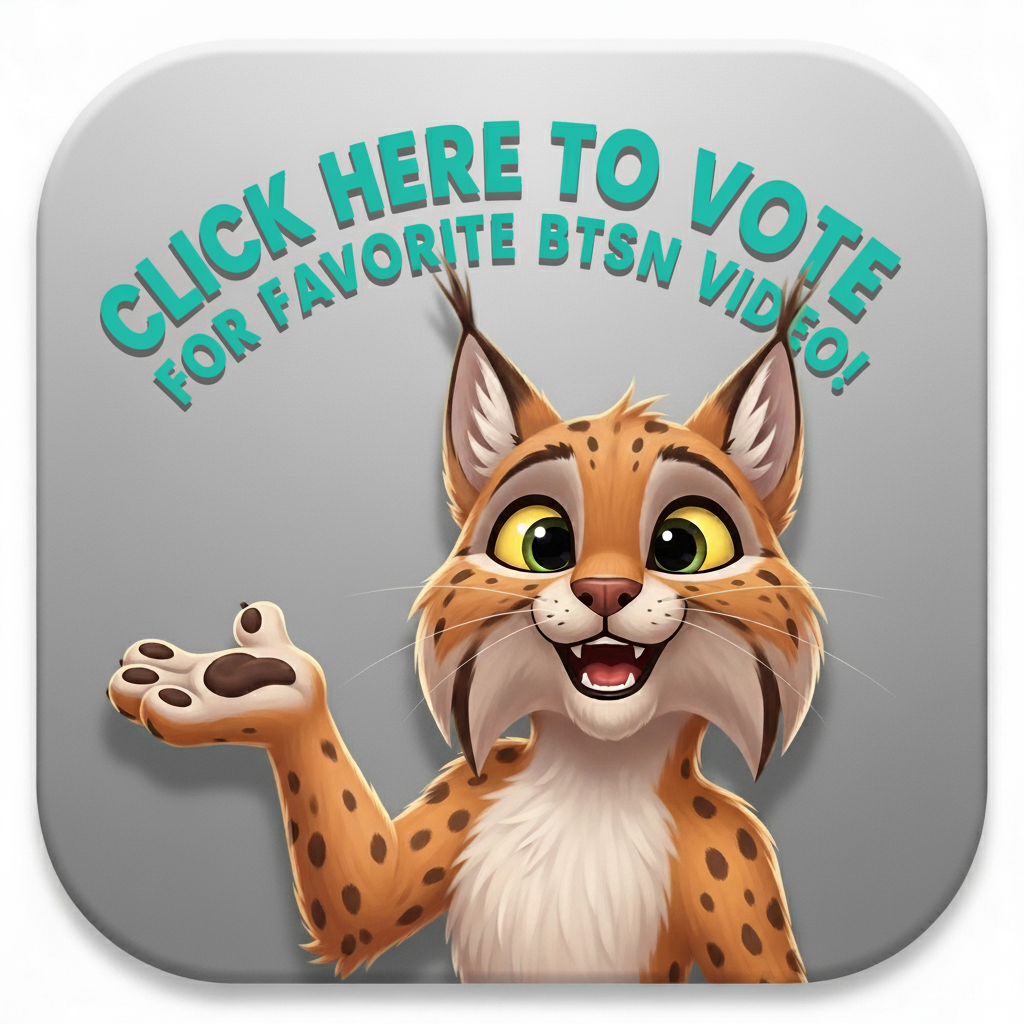 image of a cartoon lynx with text that says: "click to vote for favorite BTSN Video"